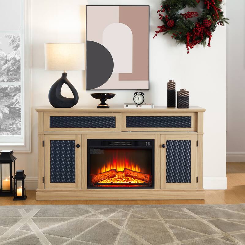 Modern Fireplace TV Stand with Sliding Door, Open and Closed Storage Space, for Living Rooms and Bedrooms, Light Oak