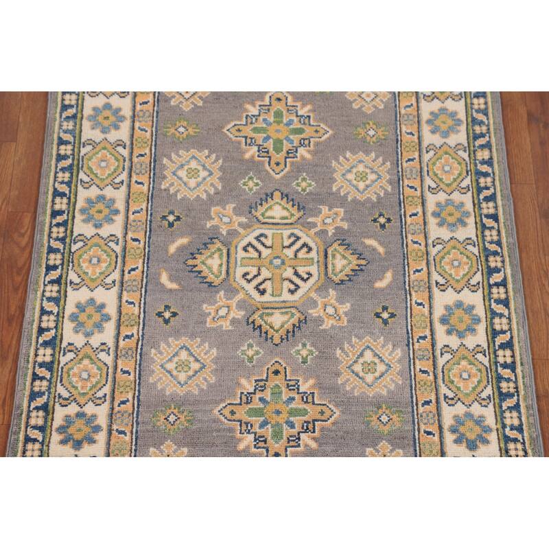 Gray Geometric Kazak Accent Rug Handmade Wool Carpet - 2'8" x 4'2"