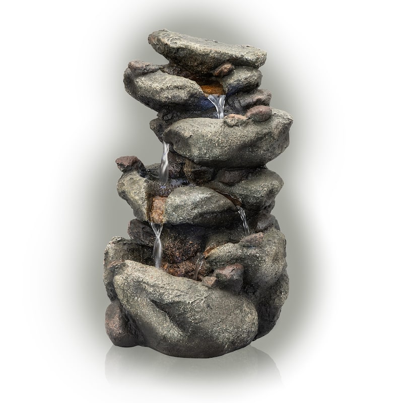 Alpine Corporation 14" Tall Indoor/Outdoor Tiering Rainforest Rock Waterfall Tabletop Fountain with LED Lights