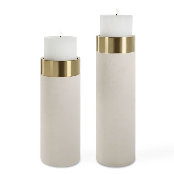 slide 2 of 4, Uttermost 18100 Wessex Iron and Leather Table Pillar Candle Holder - Antique Brushed Brass / White