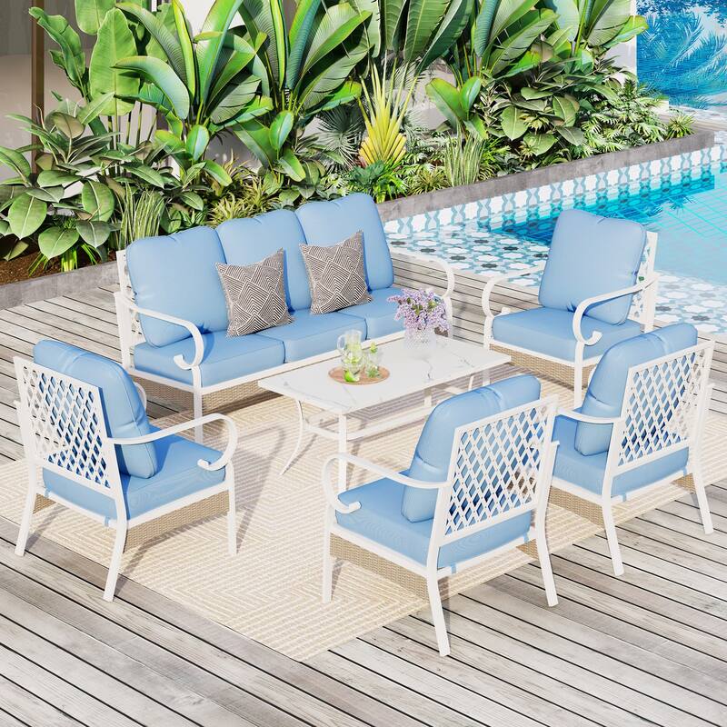 MAISON ARTS 7-Seat Patio Conversation Set, 2/4 x Cushioned Metal Chair, 1 x 2-Seat Sofa,1 x 3-Seat Sofa with Coffee Table