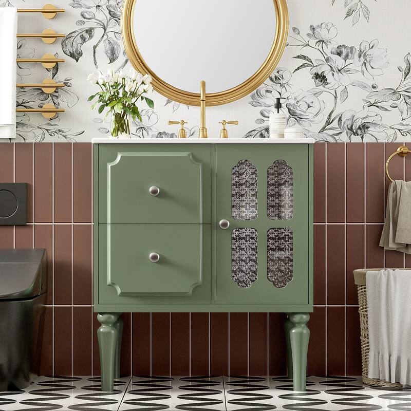 30 Inch Single Sink Freestanding Bathroom Vanity in Green with White Ceramic Top