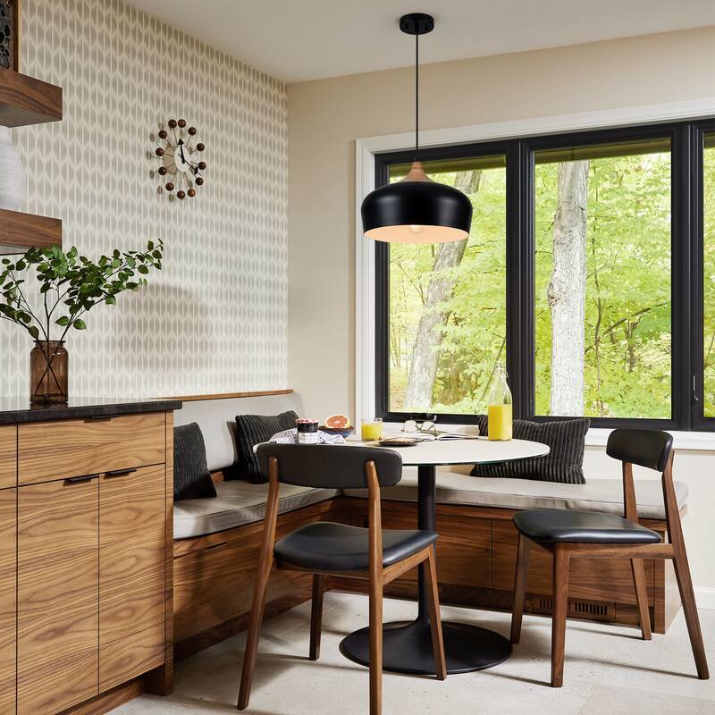 Farmhouse Matte Black Dome Pendat Light with Wood - 13.8