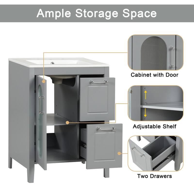 24 in. W x 33 in. H Solid Wood and MDF Bathroom Vanity with Ceramic Sink, Door and Drawers