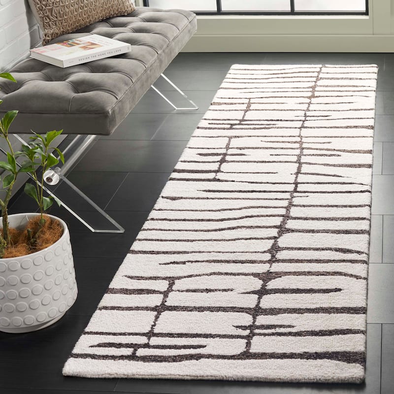 SAFAVIEH Handmade Ebony Yafit Contemporary Wool Rug - 2'3" x 11' Runner - Ivory/Dark Brown