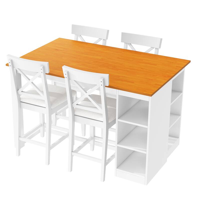60"x30" Solid Wood Farmhouse 5-Piece Dining Set with Storage Shelves & Counter-Height Table, 4 Upholstered Chairs