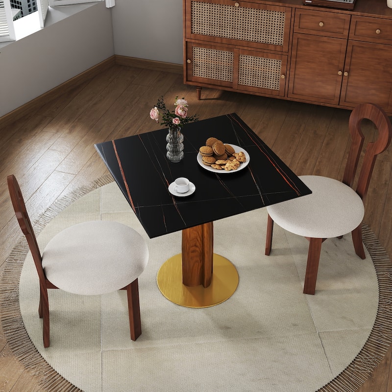 Modern Square Dining Table, 33.5" Sintered Stone Table with Wooden Leg & Gold Base, 2 - Person Kitchen Table for Small Space