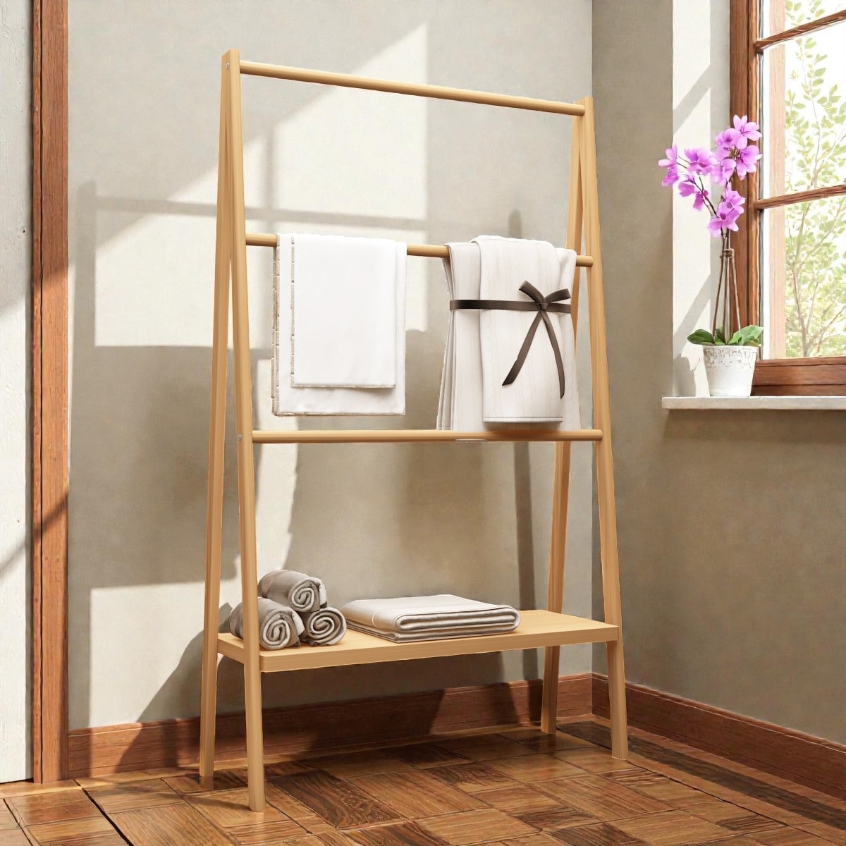 Freestanding Bamboo Towel Rack with Bottom Storage Shelf for Beach, Poolside, Patio, Bathroom and Spa Use