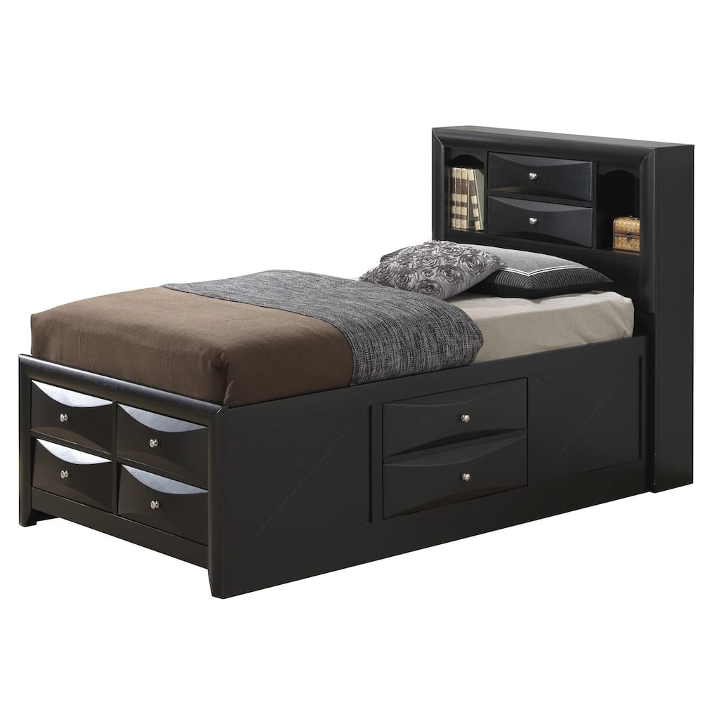 Wooden Panel Twin Bed with Drawers and Shelves - 87" - Black