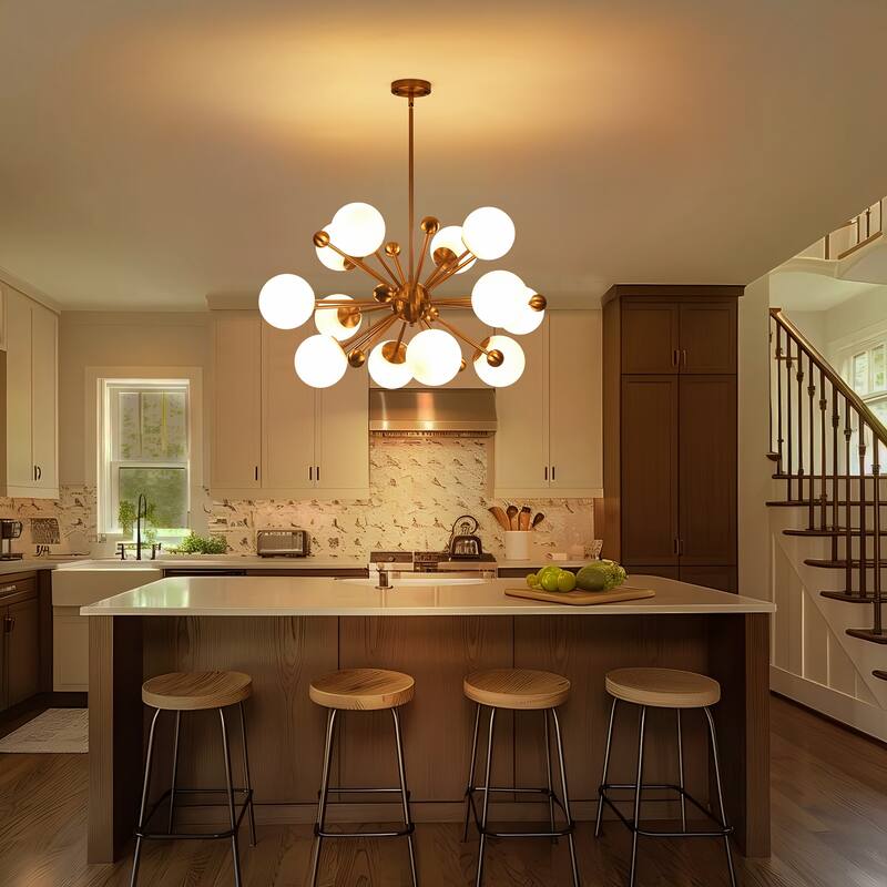 12-Light Modern Sputnik Brass Chandelier with Frosted Glass Globes for Living Room, Dining Room - 12 Light