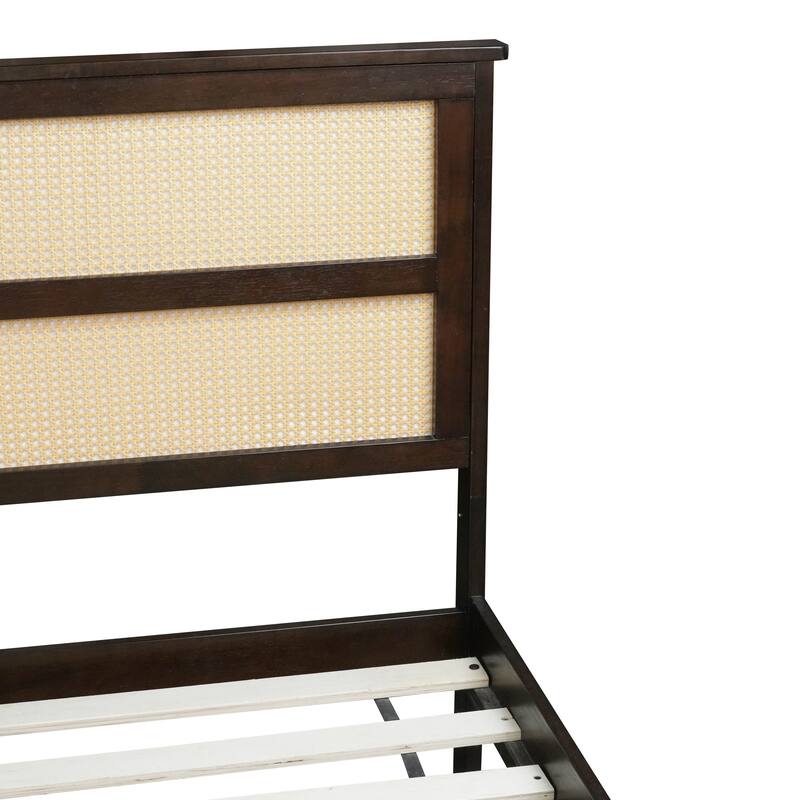 Wood Queen Size Rubber Wooden, Solid Wooden Bed with Rattan Headboard, Enhanced by Support Feet