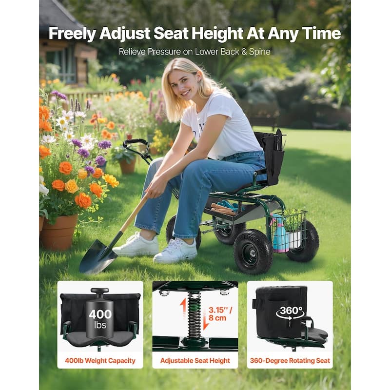 Green and Black Steel Rolling Garden Cart with Inflatable Tires, Adjustable Handle and 360 Seat