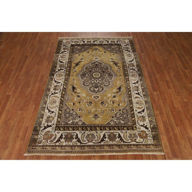 Gold Vegetable Dye Mashad Antique Persian Rug Handmade Wool Carpet - 5'3" x 8'3"