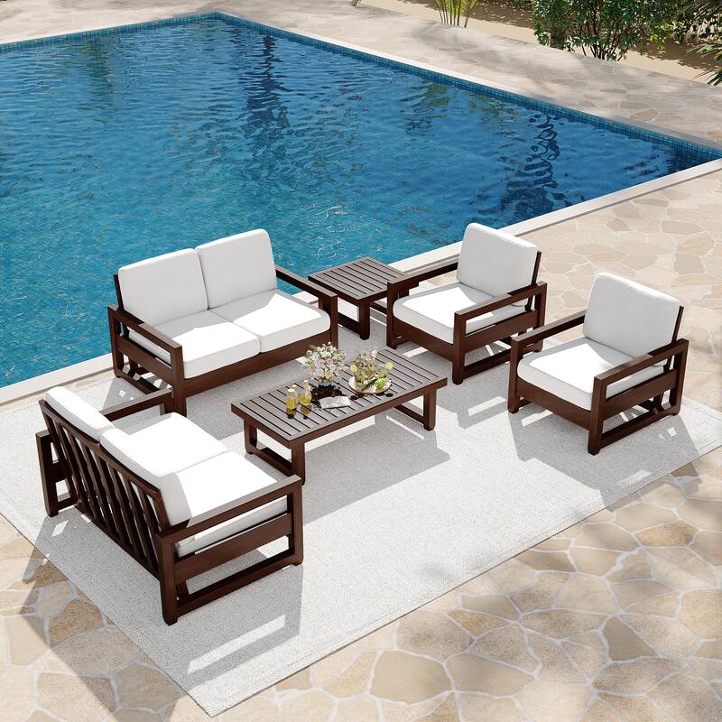 7-Piece Outdoor Teak Wood Conversation Set with Loveseat, Chairs and Tables - Beige/Tan wood
