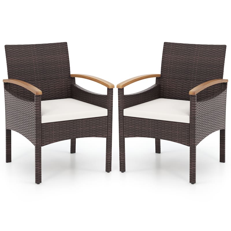PE Rattan and Acacia Wood Outdoor Lounge Chairs Set with Cushions and Armrests for Garden or Porch - 25” x 23” x 34” (L x W x H) - Set of 2