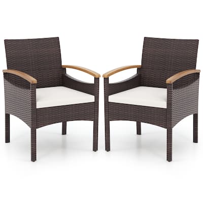 PE Rattan and Acacia Wood Outdoor Lounge Chairs Set with Cushions and Armrests for Garden or Porch - 25” x 23” x 34” (L x W x H)
