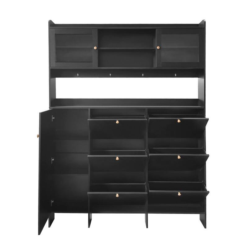 Multifunctional Large Hall Tree with Tempered Glass Doors,Storage Shelf,6 Flip Shoe Drawers and 4 Hooks