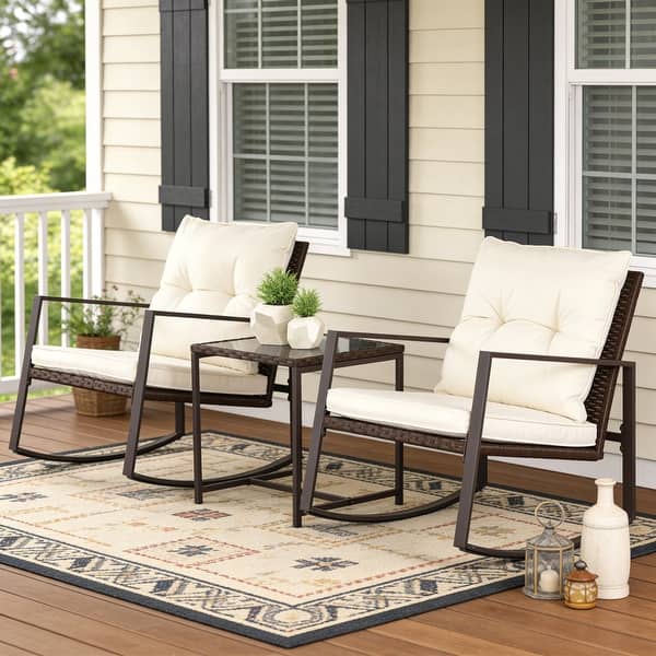 slide 2 of 50, Pheap Outdoor Patio 3-piece Black/Brown Wicker Rocking Bistro Set by Havenside Home Brown/Beige