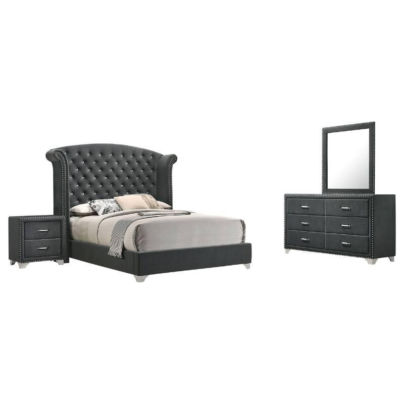 Giya 4pc King Bedroom Set, Classic Tufted Dark Gray Velvet Upholstery