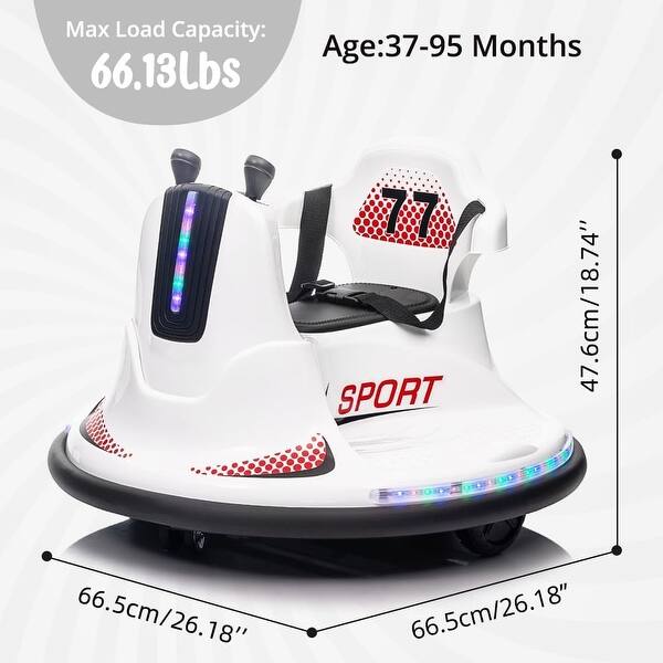 dimension image slide 0 of 3, Electric Ride-On Bumper Car with Remote Control, Featuring LED Lights and 360-Degree Spin, Suitable for Indoor and Outdoor Use