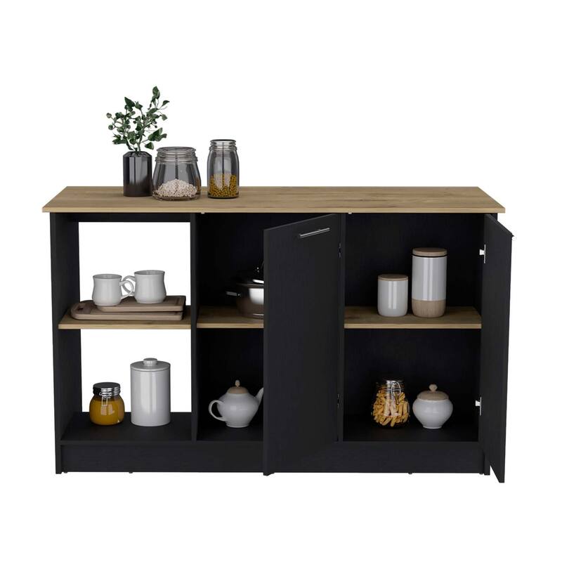 Large Surface Kitchen Island with Double Door Cabinet, Inner Shelves, and Open Storage for Pots, Pans, and Decor