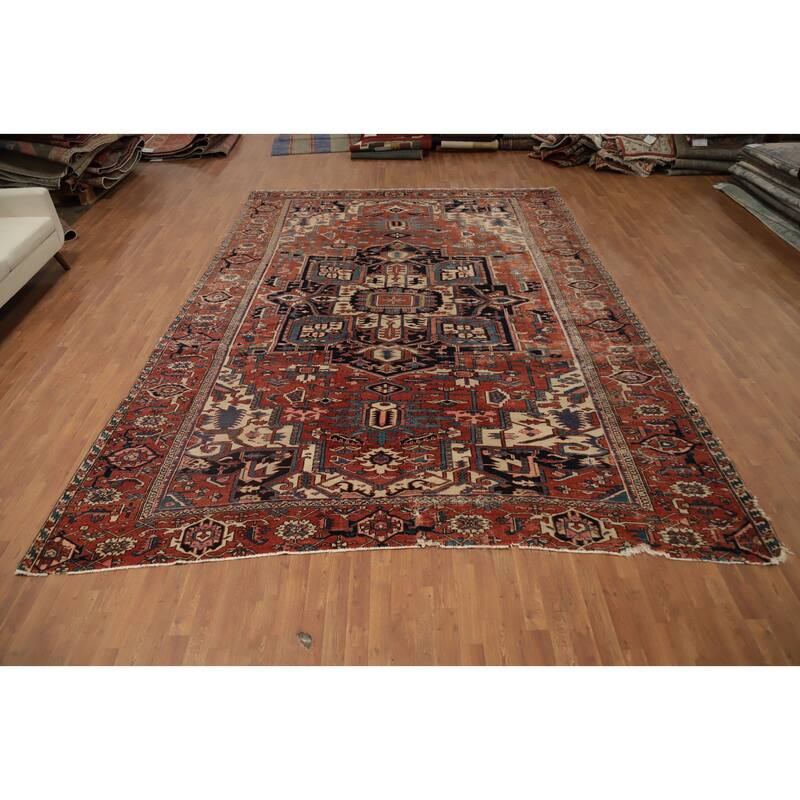 Hand Knotted Oriental 100% Wool Carpet Traditional Medallion Oranges & Rust Heriz (serapi) Area Rug - 14' 3'' X 10' 2''