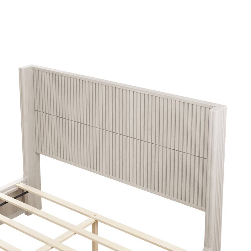 GDFStudio - Modern Solid Wood Low-Profile Platform Bed Frame with Fluted Headboard, Heavy-Duty Support & No Box Spring Needed