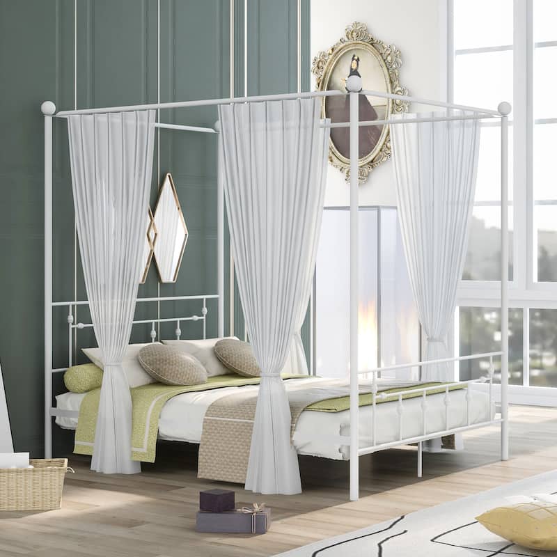Queen Size Metal Canopy Platform bed with Headboard, Black/White - White
