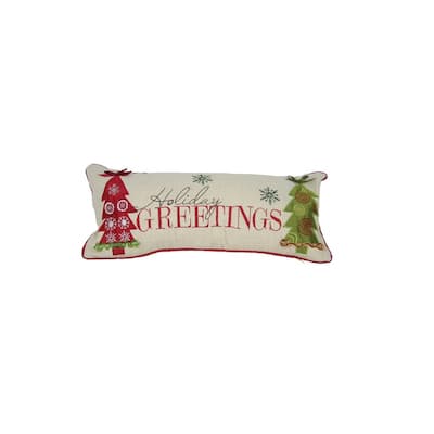 8" X 18" Green and Red Christmas Trees Linen Blend Zippered Pillow With Embroidery
