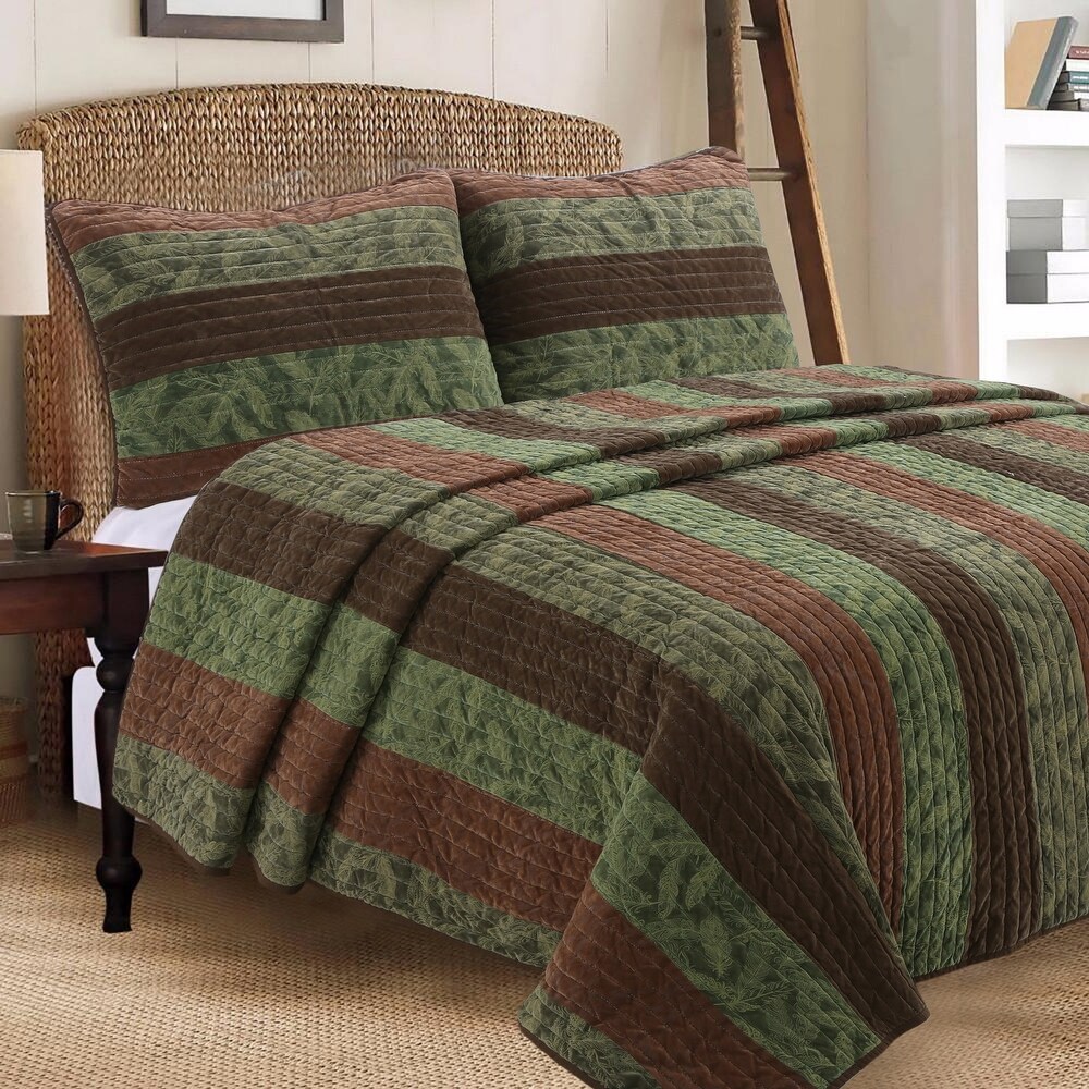 BEAUTIFUL XXL MODERN BROWN RED TAUPE STRIPE LEAF LODGE COZY BEDSPREAD QUILT SET 