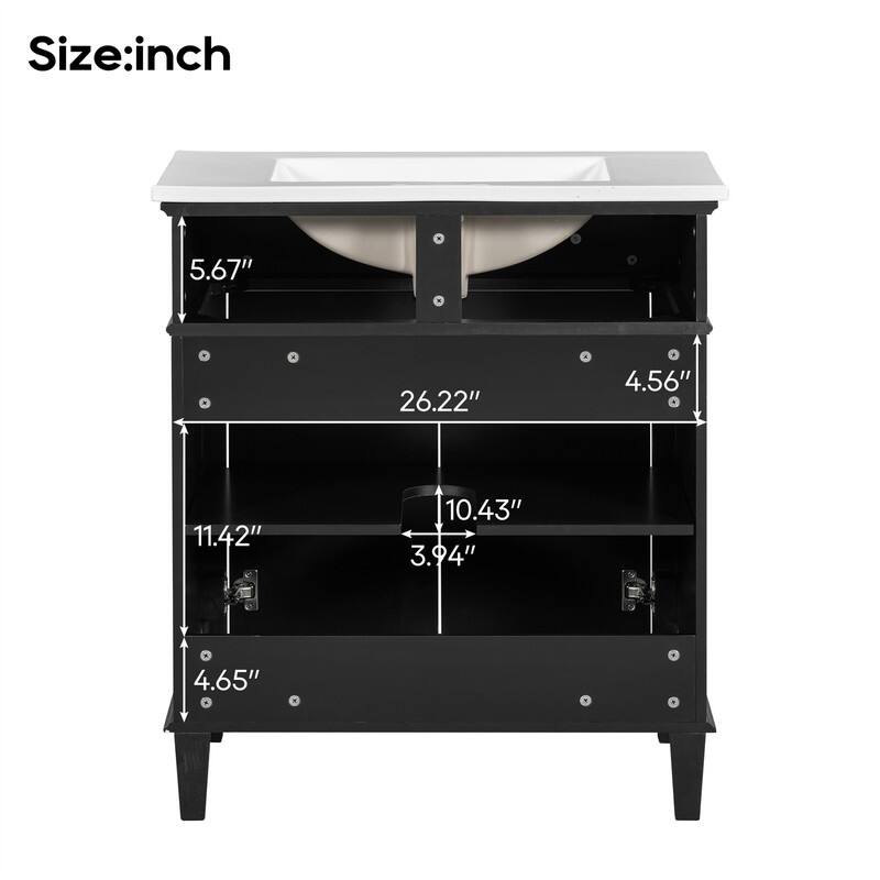 30'' Bathroom Vanity with Ceramic Sink Top, Freestanding Bathroom Vanity Cabinet with 2 Soft Close Doors and Adjustable Shelves