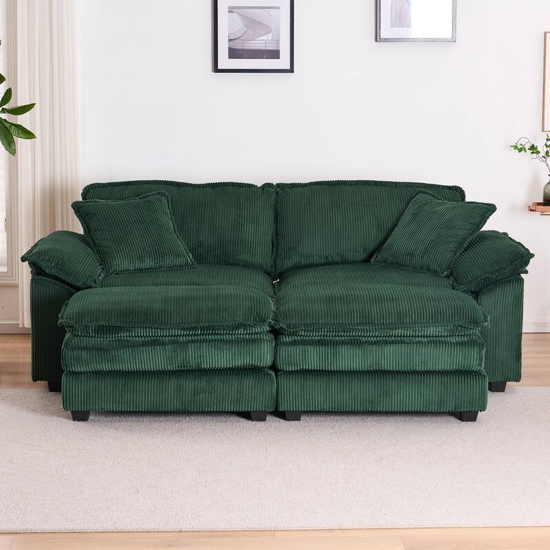 84.6" Corduroy 2-seats sofa With 2 back pillows,2 toss pillows and two ottoman - Green