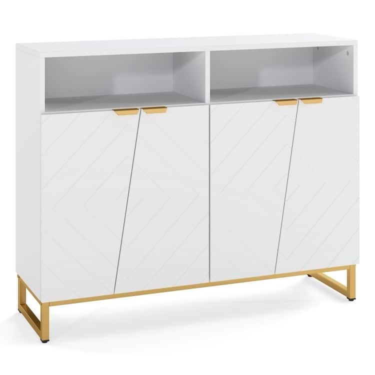 White Modern Sideboard Cabinet with Adjustable Shelves Open Storage, Metal Legs and Irregular Doors - 40” x 12” x 32”