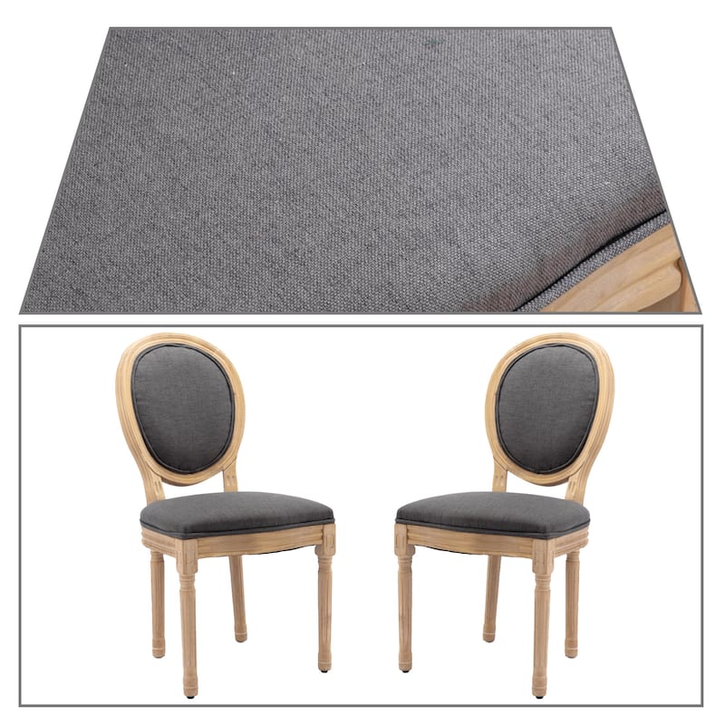 Vintage French Style Set of Two Linen Upholstered Dining Chairs with Solid Rubberwood Frame Legs