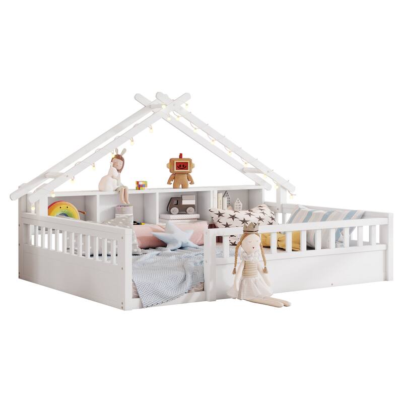 Twin/Full Floor Bed with Storage Bookshelves & Roof Shape for Kids