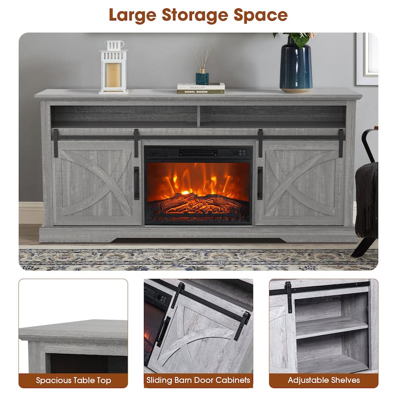 68" Farmhouse Grey Electric Fireplace TV Stands Console for 78-inch TV with Remote