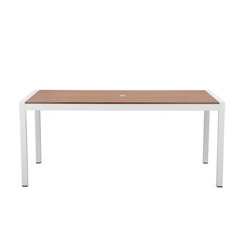 Fifi 71 Inch Outdoor Dining Table, Brown Polyresin Top, White Metal Frame