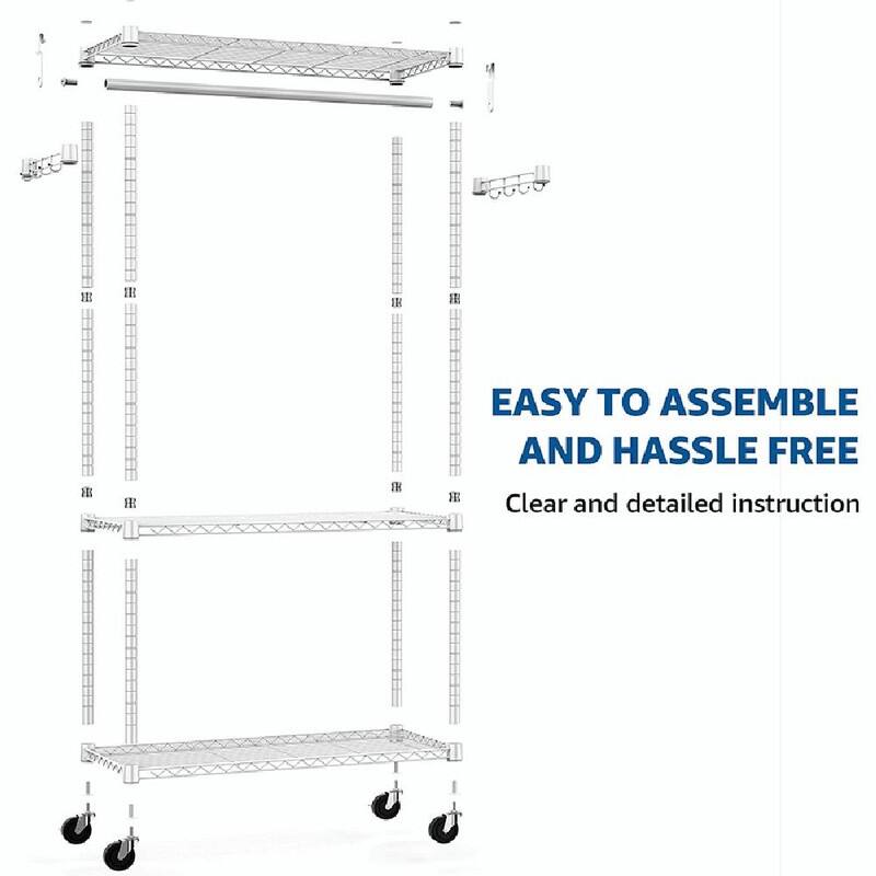 Heavy Duty Rolling Garment Rack with Wheels, 3-Tier Adjustable Wire Shelving, Clothes Rack with Rods & Side Hooks