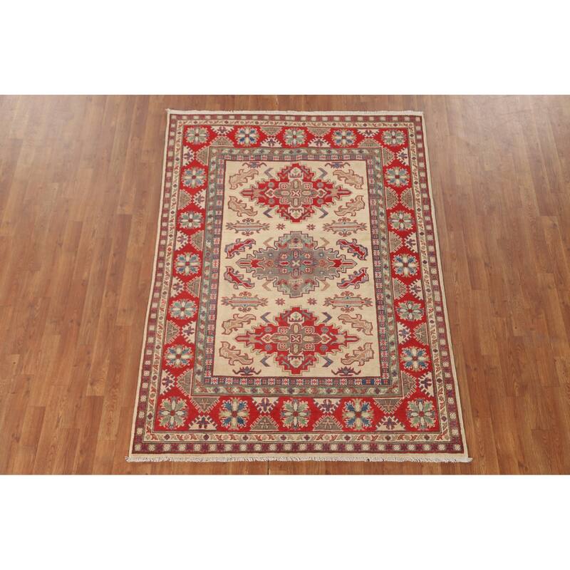 Geometric Kazak Area Rug Handmade Beige Wool Carpet - 4'10" x 6'6"