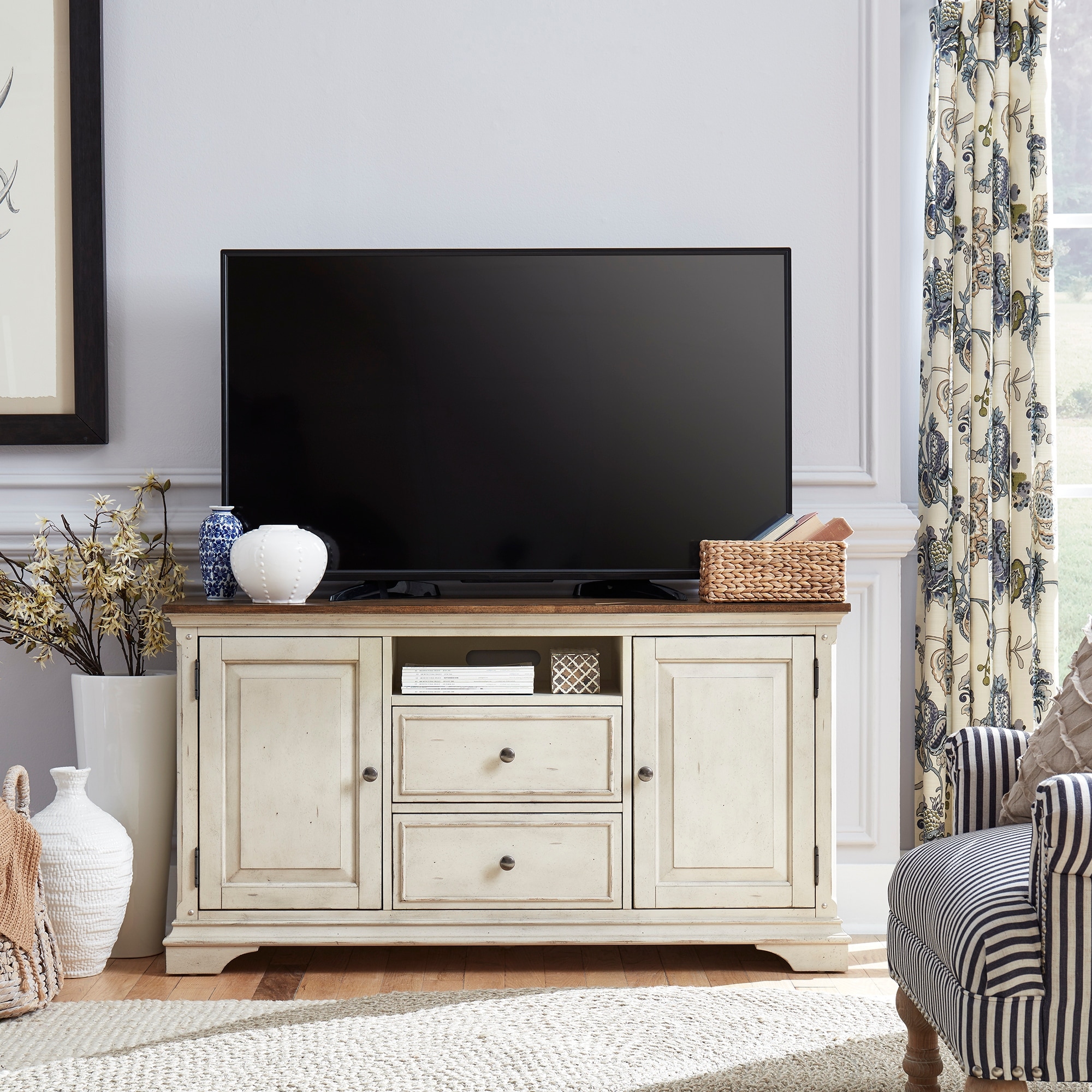 Morgan Creek Antique White Wire Brushed Tobacco Accents 56 Inch TV Console
