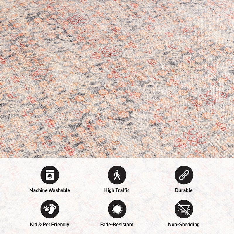 Terracotta Floral Washable Rug - Allover Pattern, Flat Pile
