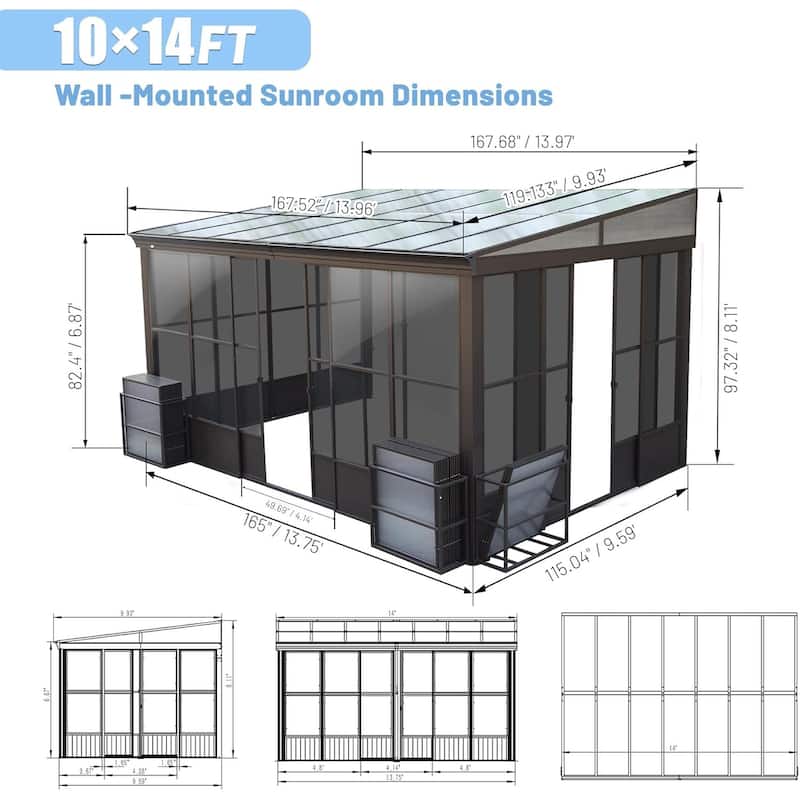 Outdoor Wall Mounted Solarium with Detachable Windows, Aluminum Lean to Gazebo Sun Room