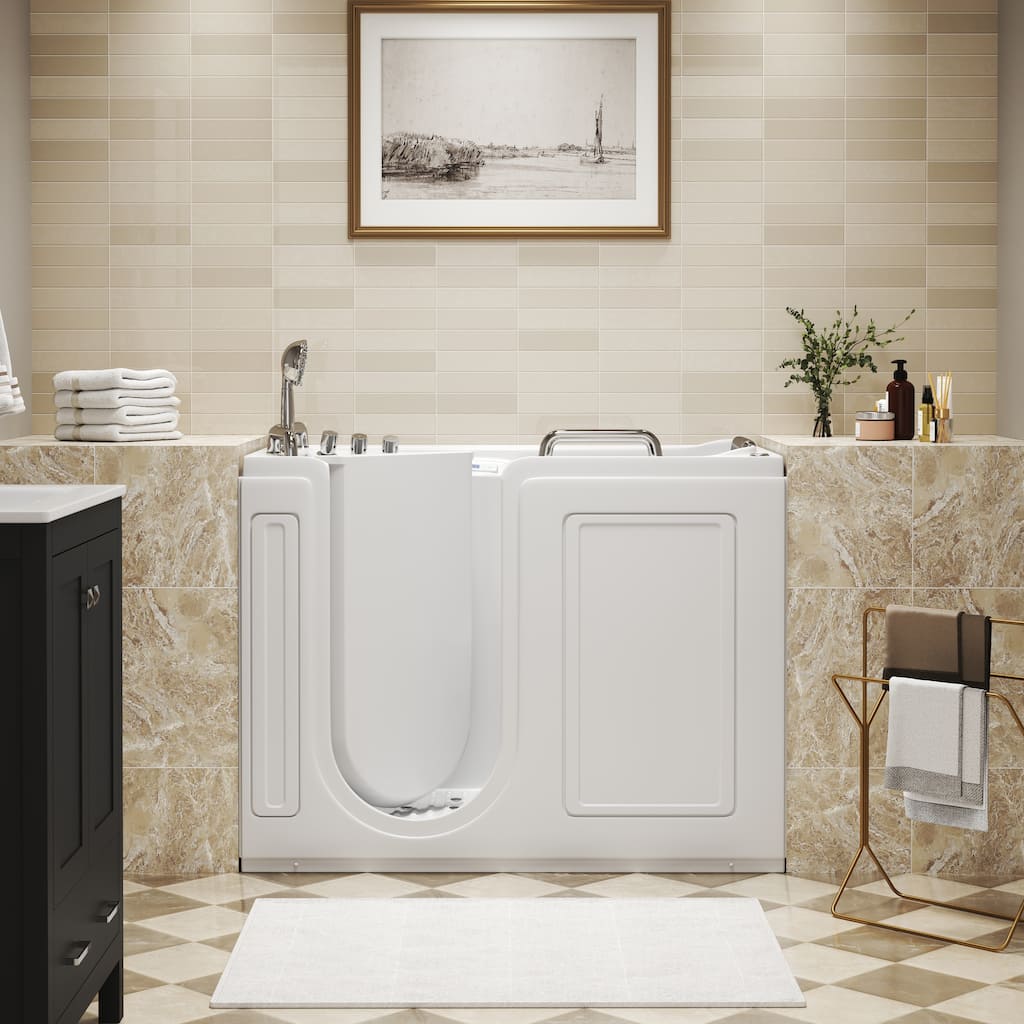 53 in. Walk-In Whirlpool & Air Acrylic Bathtub with Hydrotherapy Jets, Chromatherapy LED Light, and Aromatherapy, Built-In Seat