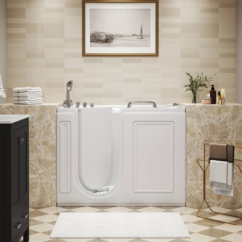 53 in. Walk-In Whirlpool & Air Acrylic Bathtub with Hydrotherapy Jets, Chromatherapy LED Light, and Aromatherapy, Built-In Seat