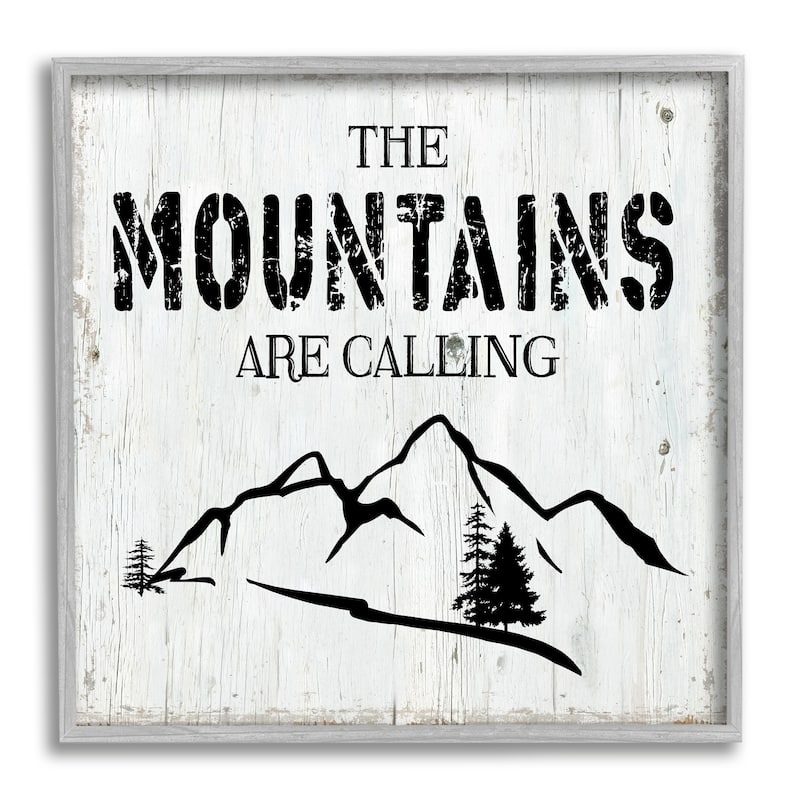 Stupell Mountains Are Calling Rustic Phrase Distressed Plank Pattern Framed Wall Art - Black - 24 x 24 - Grey