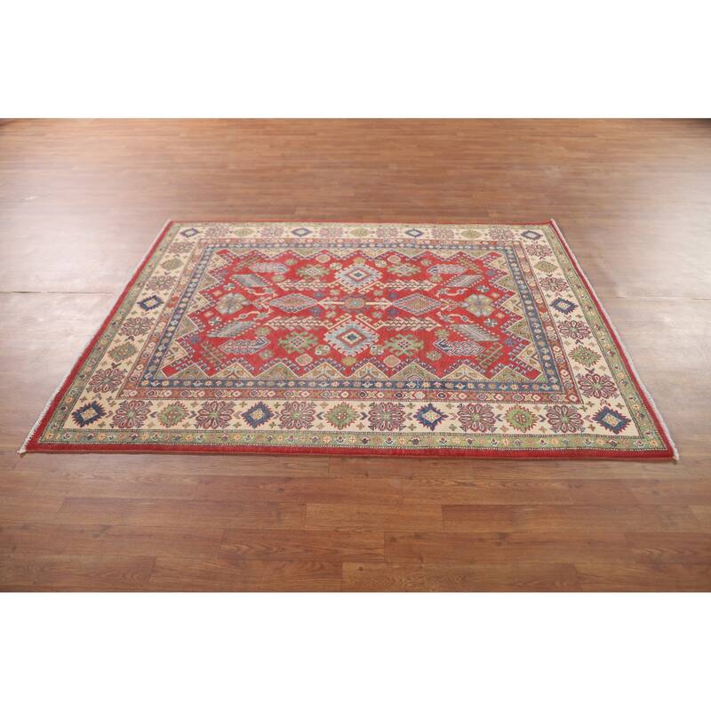 Geometric Kazak Area Rug Hand-Knotted Oriental Wool Carpet - 4'11" x 6'3"