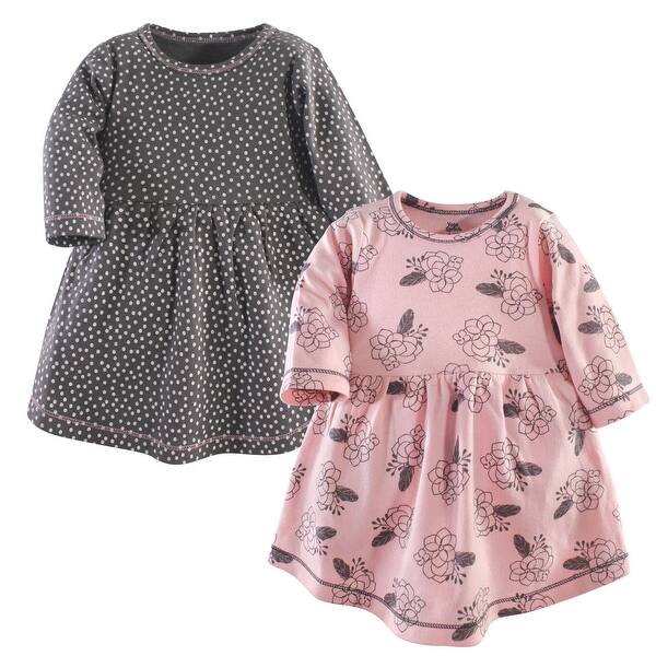 slide 1 of 1, Yoga Sprout Baby and Baby Girl Cotton Long-Sleeve Dresses 2pk, Feather Floral 0-3 Months - Feather Floral