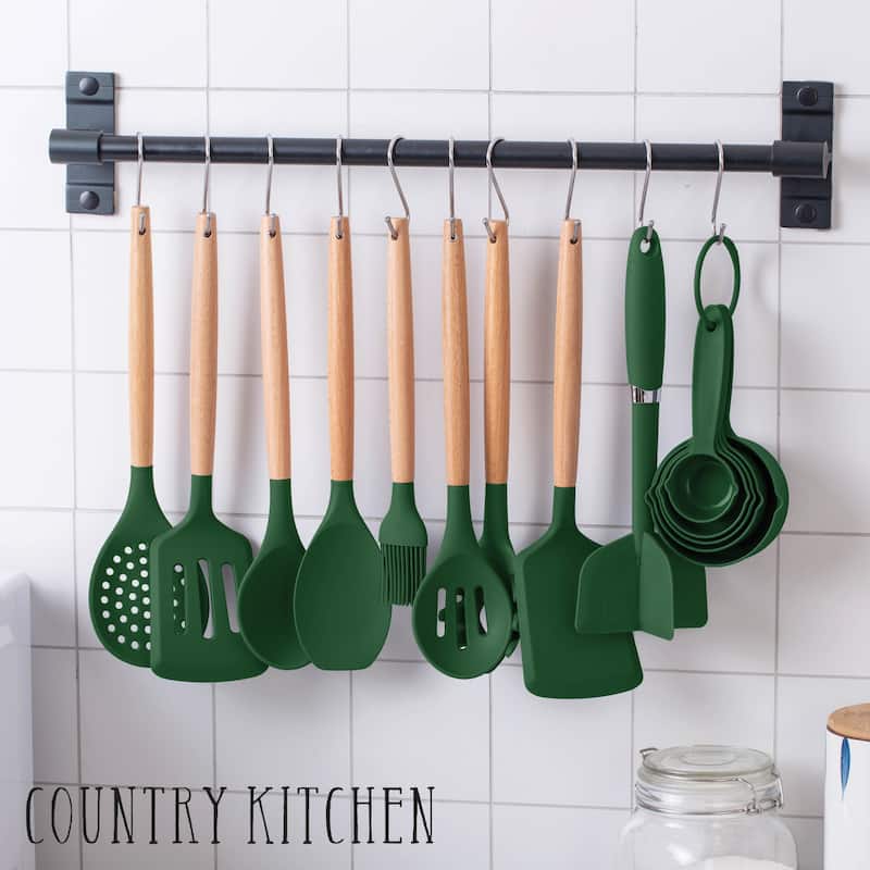 Country Kitchen Non Stick Silicone Utensil Set with Rounded Wood Handles for Cooking and Baking, 38 Piece Set