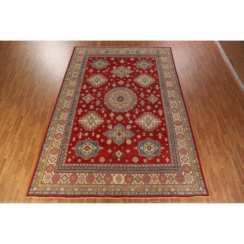 Hand Knotted Oriental 100% Wool Carpet Traditional Geometric Red Kazak Area Rug - 13' 11'' X 9' 6''