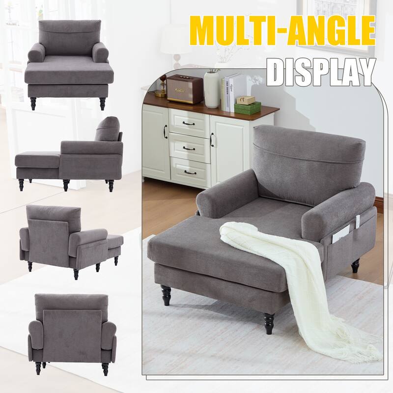 Modern Chaise Lounge Single Sofa Chair, Chenille Fabric Recliner Armchair with Side Pockets and Wooden Legs